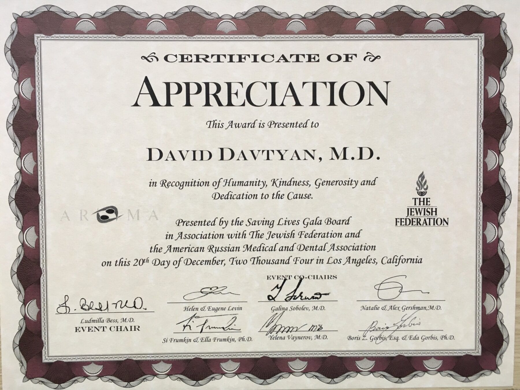 Certificate Of Appreciation For Dr. David G. Davtyan For Saving Lives Gala Board In Association With The Jewish Federation And The American Russian Medical Ad Dental Association