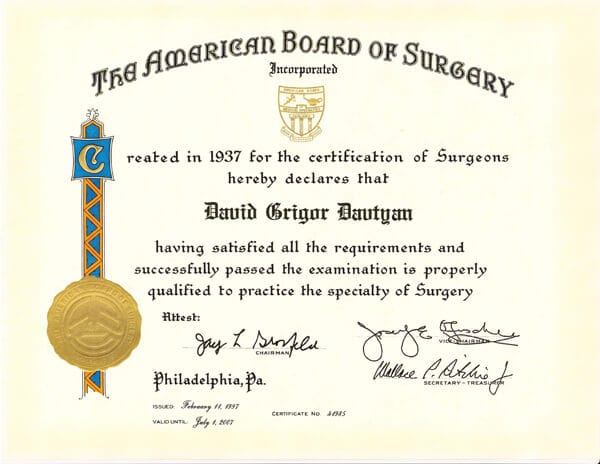 Dr. David G. Davtyan's 1937 American Board Of Surgeons Certification Qualified To Practice The Specialty Of Surgery 