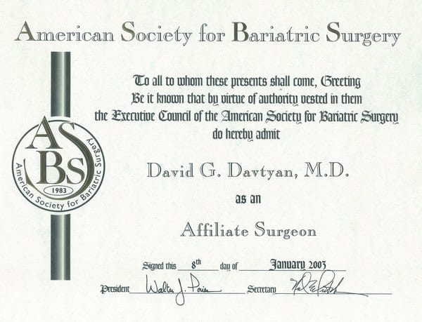 David G. Davtyan's 2003 American Society For Bariatric Surgery Affiliate Surgeon Certification