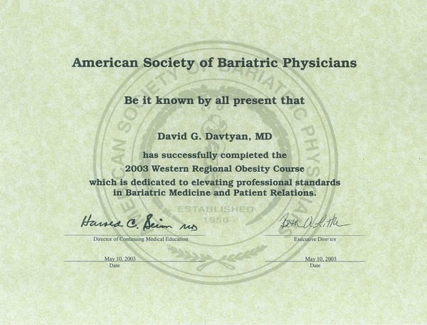 Dr. David G. Davtyan's 2003 American Society Of Bariatric Physicians Western Regional Obesity Course Completion Certificate