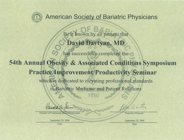 Dr. David Davtyan's 2004 Completion Certificate American Society Of Bariatric Physicians 54Th Annual Obesity Symposium