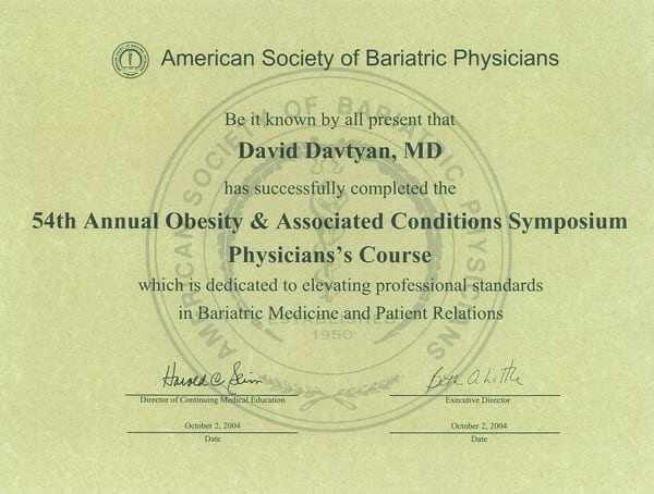 Dr. David Davtyan's 2004 American Society of Bariatric Physicians 54th Obesity & Associated Conditions Symposium Certificate
