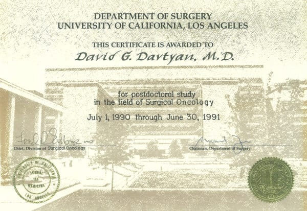 David G. Davtyan's 1990 Certificate Award For Postdoctoral Study In The Field Of Surgical Oncology Ucla 