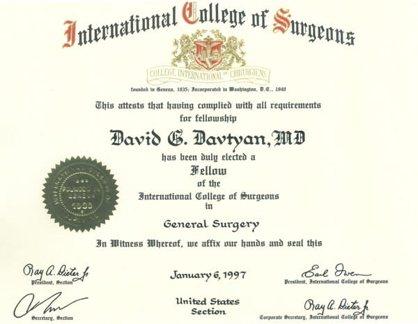David G. Davtyan's 1997 Fellow Of The International College of Surgeons in General Surgery Certification