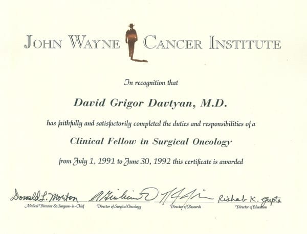 Dr. David G. Davtyan's 1992 John Wayne Cancer Institute Clinical Fellow In Surgical Oncology Completion Certificate