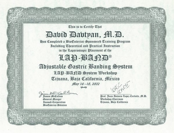 Dr. David G. Davtyan's 2002 BioEntrics Training Program of The Lap-Band System Certification Tijuana, Baja California, Mexico