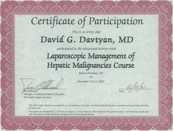 Dr. David G. Davtyan's 2001 Laparoscopic Management Of Hepatic Malignancies Course Certificate Portland, Oregon