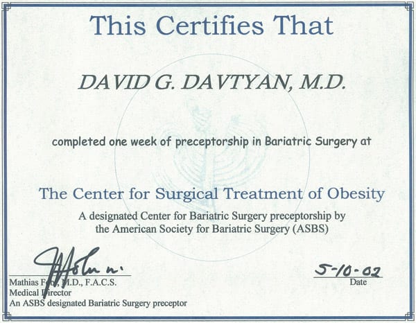 Dr. David Davtyan's 2002 Completion Certificate Preceptorship Bariatric Surgery The Center For Surgical Treatment of Obesity