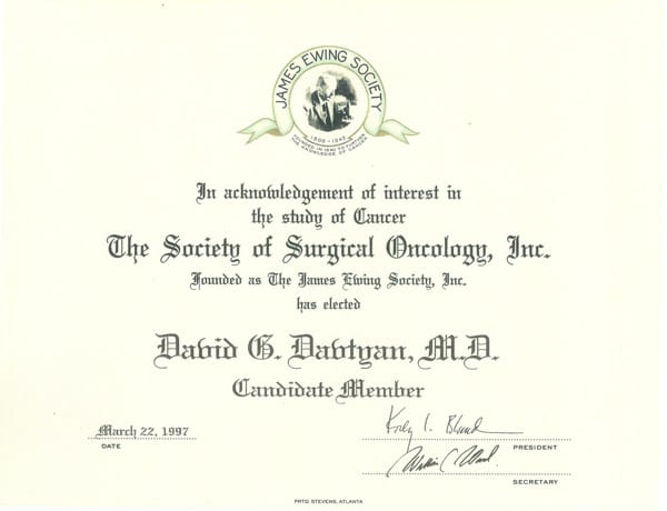 1997 Certification Society Of Surgical Oncology INC. James Ewing Society Elected David G. Davtyan, MD As Candidate Member