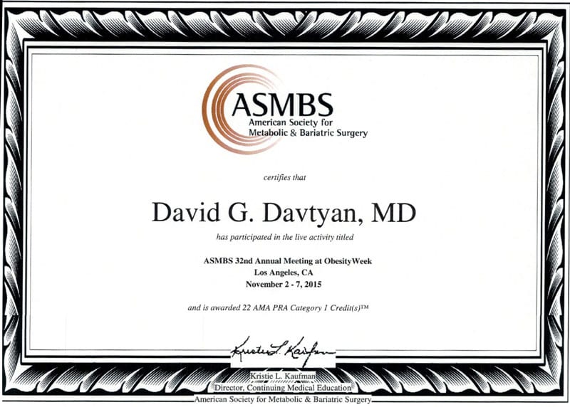 David G. Davtyan's 2015 Certificate Participating In The Asmbs 32Nd Annual Meeting At Obesity Week Los Angeles, Ca 