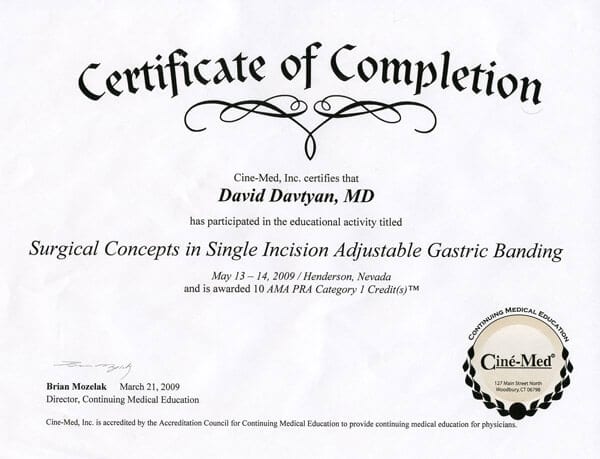 Dr. David G. Davtyan's 2009 Cine-Med Inc. Surgical Concepts Single Incision Adjustable Gastric Banding Certificate 