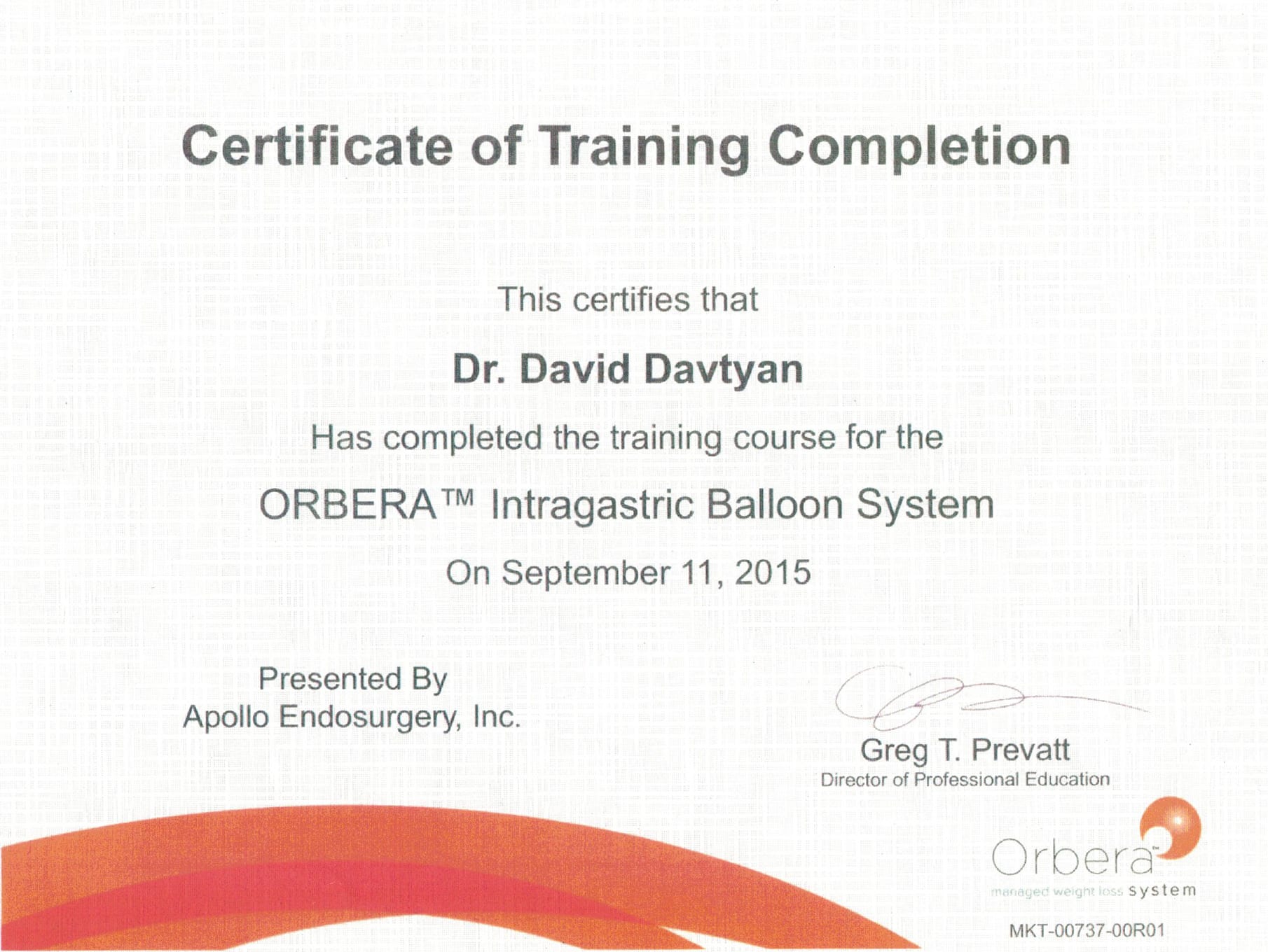 Dr. David G. Davtyan's 2015 Apollo Endosurgery, Inc. Certificate Of Training Completion Orbera Intragastric Balloon System 
