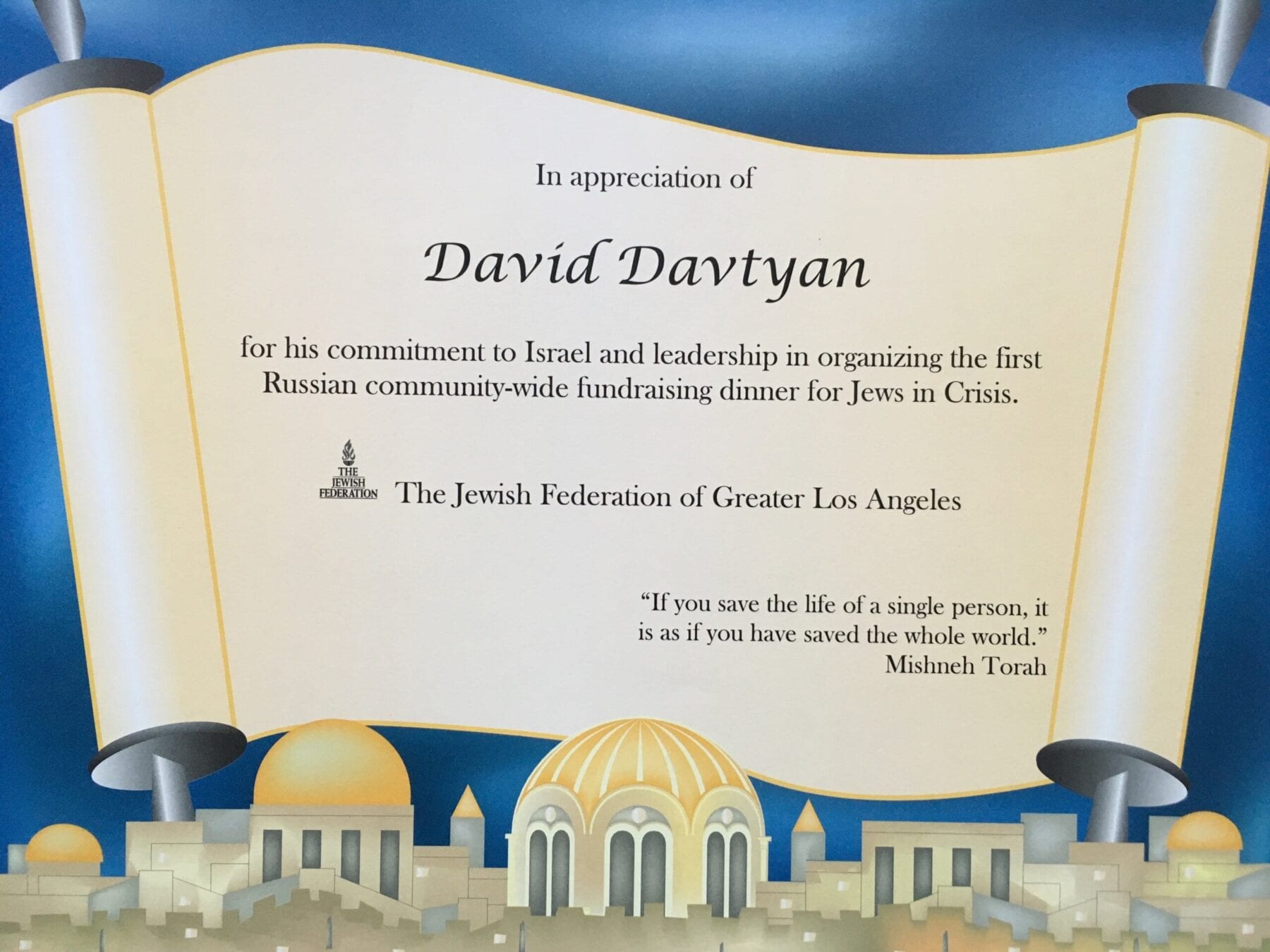 Dr. David Davtyan's Certificate Of Appreciation For Organizing The First Russian Community-Wide Fundraising Dinner For Jews In Christ 
