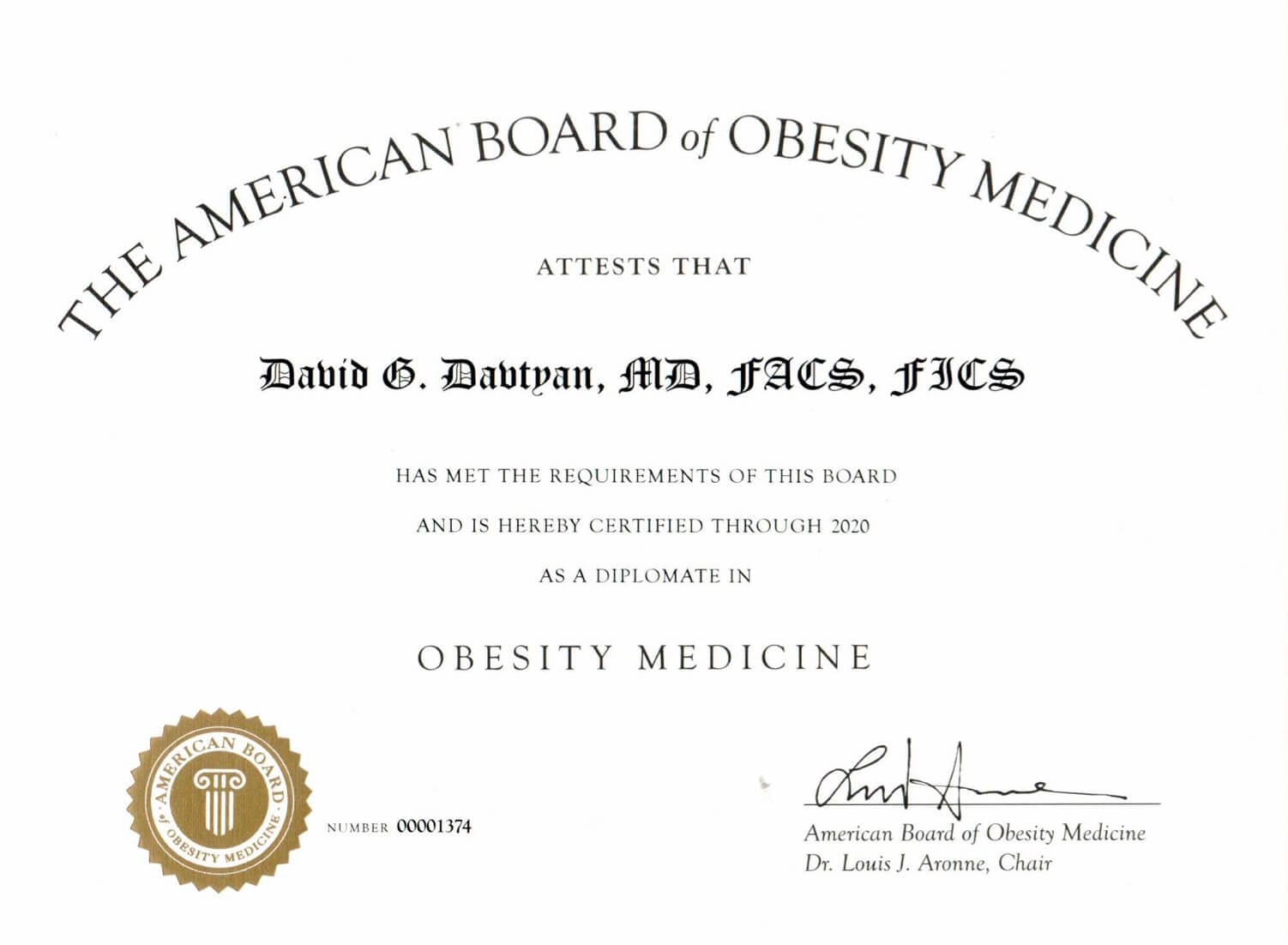 Dr. David G. Davtyan's 2019 American Board of Obesity Medicine Diplomate Certificate 
