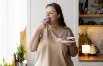 An obese woman with eating disorder eating donuts.