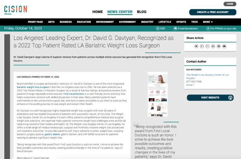 Screenshot of an article titled: Los Angeles’ Leading Expert, Dr. David G. Davtyan, Recognized as a 2022 Top Patient Rated LA Bariatric Weight Loss Surgeon