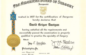 Dr. David G. Davtyan's 1937 American Board Of Surgeons Certification Qualified To Practice The Specialty Of Surgery
