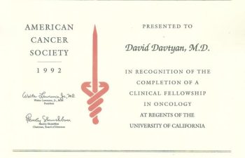 Dr. David G. Davtyan's 1992 American Cancer Society Clinical Fellowship Oncology Completion Certificate