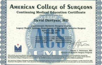 Dr. David G. Davtyan's 2002 American College of Surgeons Laparoscopic Bariatric Surgery Course Completion Certificate