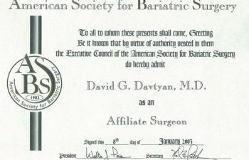 David G. Davtyan's 2003 American Society For Bariatric Surgery Affiliate Surgeon Certification