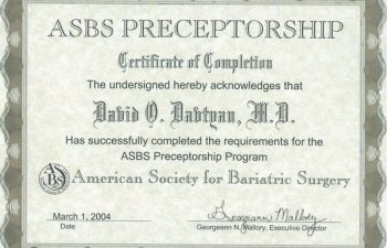 Dr. David Davtyan's 2004 Completion Of The ASBS Preceptorship Program Certificate