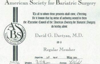 Dr. David G. Davtyan's 2004 American Society For Bariatric Surgery Regular Member Certification