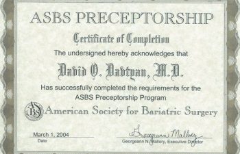 Dr. David G. Davtyan's 2004 ASBS Preceptorship Program Completion Certificate