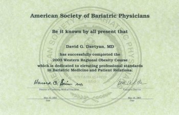 Dr. David G. Davtyan's 2003 American Society Of Bariatric Physicians Western Regional Obesity Course Completion Certificate