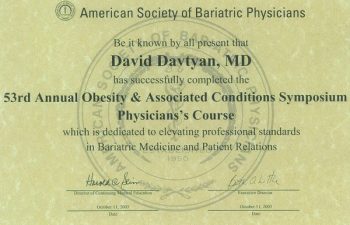Dr. David Davtyan's 2003 American Society Of Bariatric Physicians 53rd Obesity & Associated Conditions Symposium Certificate