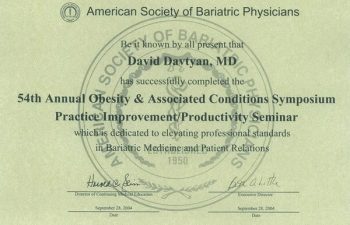 Dr. David Davtyan's 2004 Completion Certificate American Society of Bariatric Physicians 54th Annual Obesity Symposium