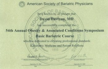 Dr. David Davtyan's 2004 American Society Of Bariatric Physicians 54th Obesity & Associated Conditions Symposium Certificate