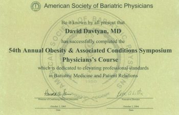 Dr. David Davtyan's 2004 American Society of Bariatric Physicians 54th Obesity & Associated Conditions Symposium Certificate