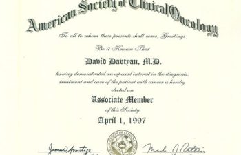 David G. Davtyan's 1997 American Society Of Clinical Oncology Associate Member Of This Society Certification