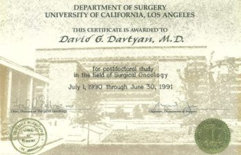 David G. Davtyan's 1990 Certificate Award For Postdoctoral Study In The Field Of Surgical Oncology UCLA