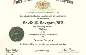 David G. Davtyan's 1997 Fellow Of The International College of Surgeons in General Surgery Certification