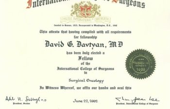 Dr. David Davtyan's 2002 International College of Surgeons Fellow In Surgical Oncology Certificate