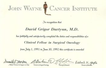 Dr. David G. Davtyan's 1992 John Wayne Cancer Institute Clinical Fellow In Surgical Oncology Completion Certificate