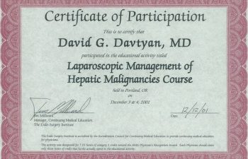 Dr. David G. Davtyan's 2001 Laparoscopic Management Of Hepatic Malignancies Course Certificate Portland, Oregon
