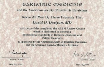 Dr. David Davtyan's 2003 American Board of Bariatric Medicine ABBM Review Completion Certificate
