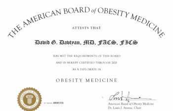 Dr. David G. Davtyan's 2019 American Board of Obesity Medicine Diplomate Certificate