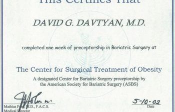 Dr. David Davtyan's 2002 Completion Certificate Preceptorship Bariatric Surgery The Center For Surgical Treatment of Obesity