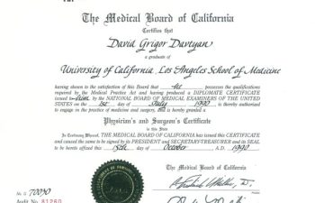 Dr. David Davtyan's 1990 Medical Board of California UCLA School Of Medicine Physician's & Surgeon's Certificate