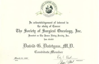 1997 Certification Society Of Surgical Oncology INC. James Ewing Society Elected David G. Davtyan, MD As Candidate Member