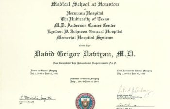 Dr. David Davtyan's 1992 University Of Texas Medical School Houston Completion As A Resident In General Surgery Certificate