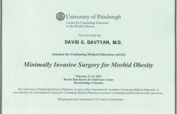Dr. David G. Davtyan's 2002 University of Pittsburgh Minimally Invasive Surgery For Morbid Obesity Certification