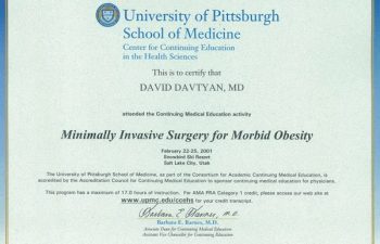 Dr. David Davtyan's 2001 University of Pittsburgh School of Medicine Minimally Invasive Surgery Certificate Salt Lake Utah