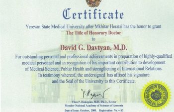 Dr. David Davtyan's 2000 Yerevan State Medical University Honorary Doctor Certificate