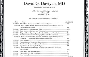 David G. Davtyan's 2015 Certificate participating in the ASMBS 32nd Annual Meeting At Obesity Week Los Angeles, CA