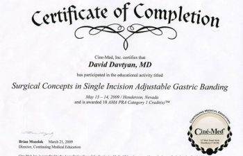 Dr. David G. Davtyan's 2009 Cine-Med Inc. Surgical Concepts Single Incision Adjustable Gastric Banding Certificate