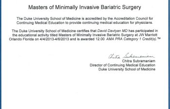 Dr. David G. Davtyan's 2013 Statement Of Credit For Attending Master of Minimally Invasive Bariatric Surgery Duke Medicine